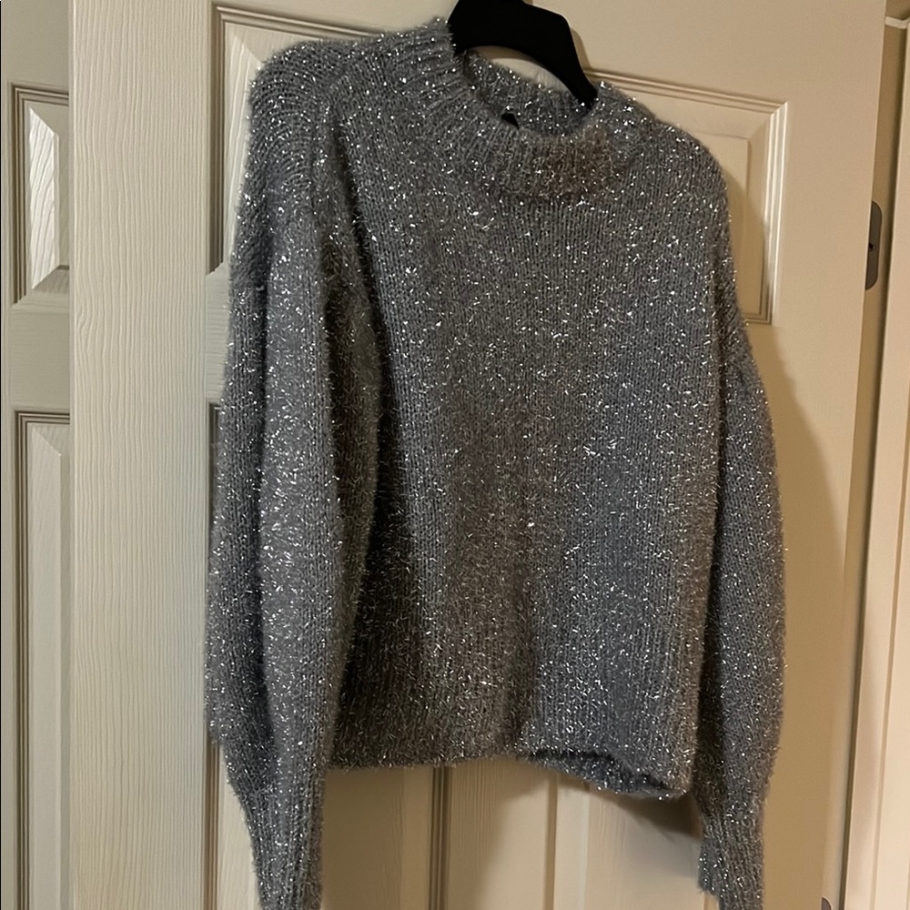 H&M Gray Sparkly Glitter Cowl Neck Sweater with Chunky Knit